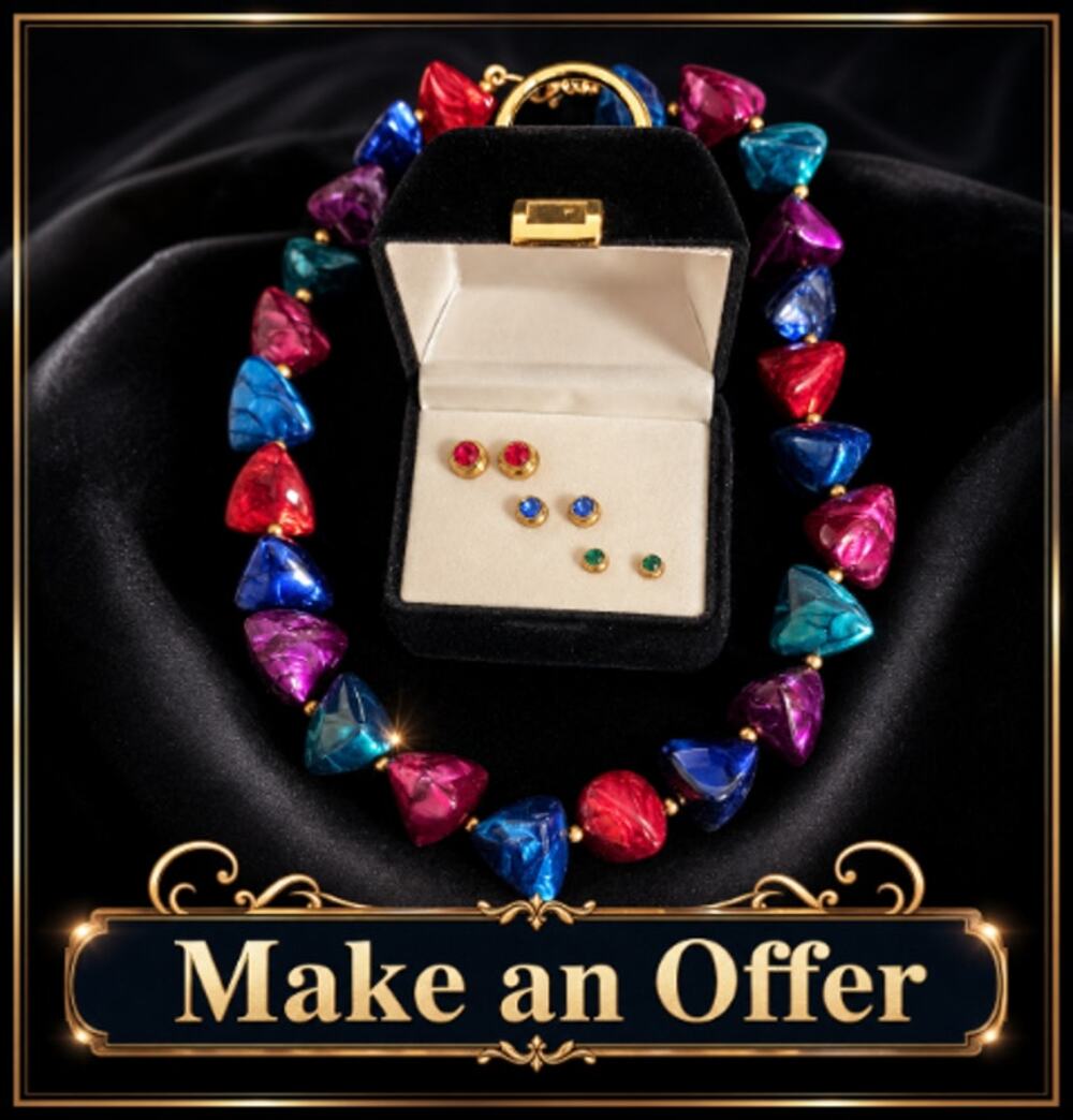 Vtg Park Lane Chunky Jewel Tone Lucite 18" Necklace & 3 Pair Crystal Earrings